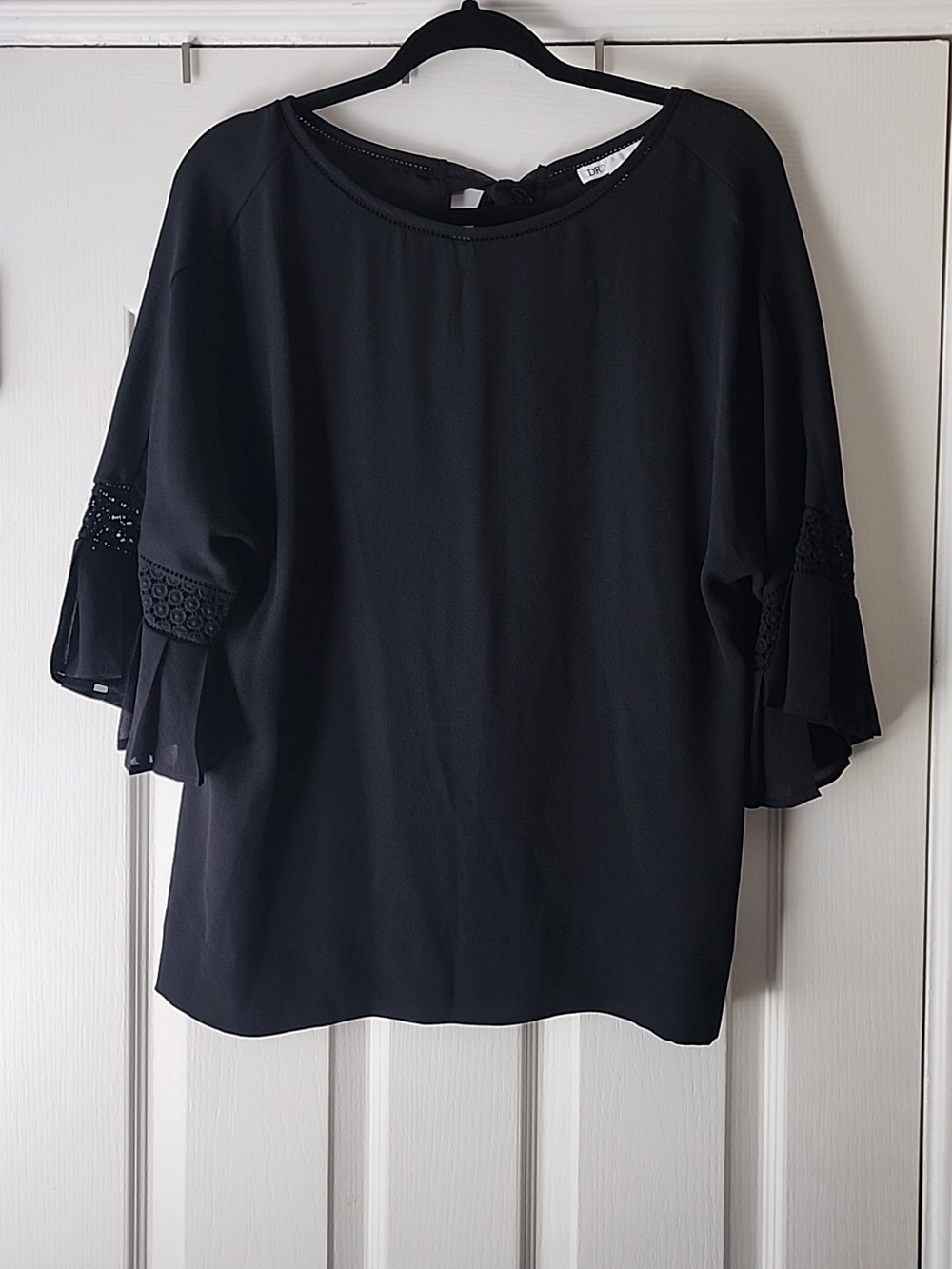 DR2 Black Blouse with Back Bow Tie in Size Medium, Gently Worn